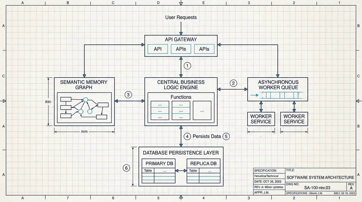 Plano técnico de arquitectura de software: gateway, motor de lógica, grafo de memoria, cola de workers y capa de persistencia.